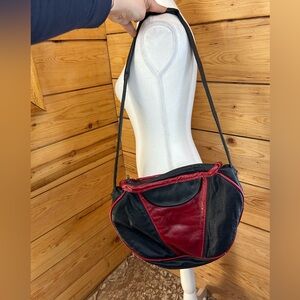Vintage 1990’s Thick Leather Black‎ Red Crossbody Bag Handmade Moto Vampire Emo